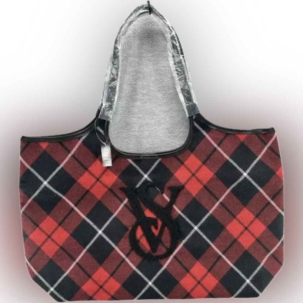 VICTORIAS SECRET Red/BlackTartan Plaid Magnetic Closure Shoulder Tote Bag NWT